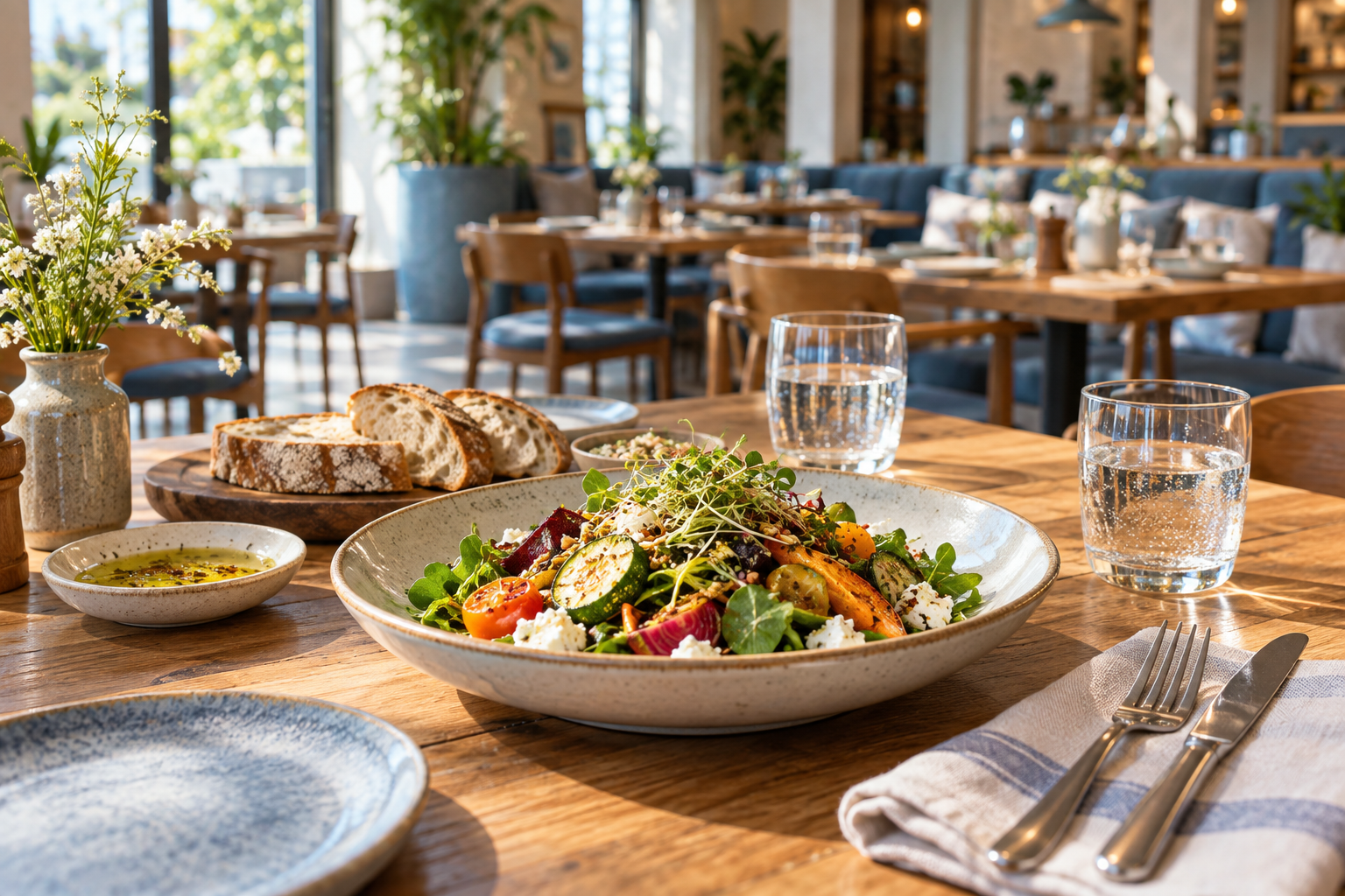 A sunlit restaurant table set for a shared meal